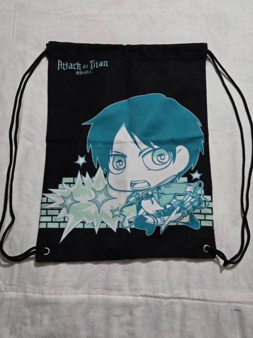 Attack on Titan Chibi Eren Yeager Black Canvas Cinch Drawstring Backpack